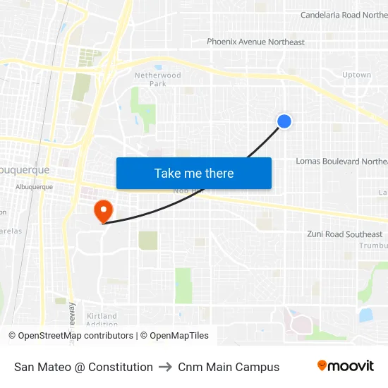 San Mateo @ Constitution to Cnm Main Campus map