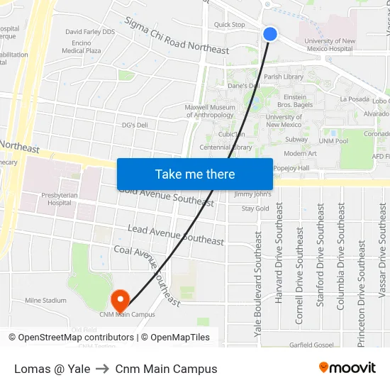 Lomas @ Yale to Cnm Main Campus map