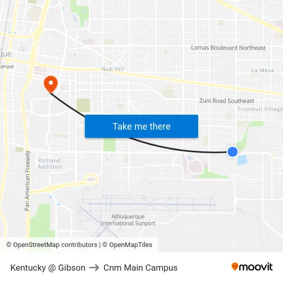 Kentucky @ Gibson to Cnm Main Campus map