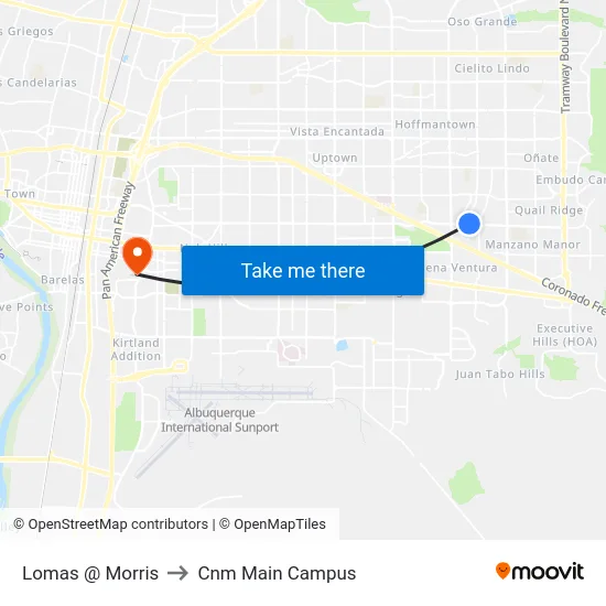 Lomas @ Morris to Cnm Main Campus map