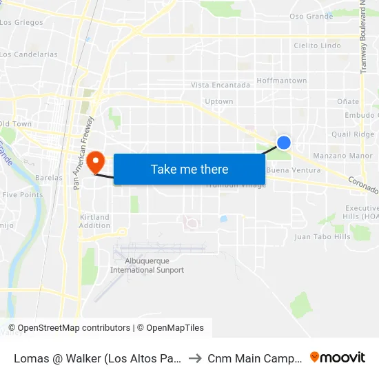 Lomas @ Walker (Los Altos Park) to Cnm Main Campus map