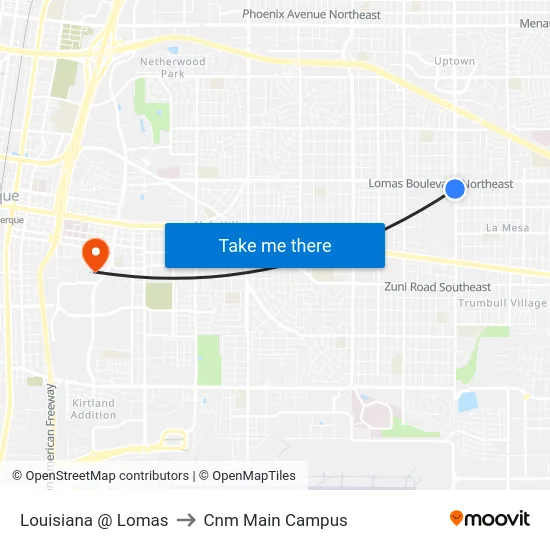 Louisiana @ Lomas to Cnm Main Campus map