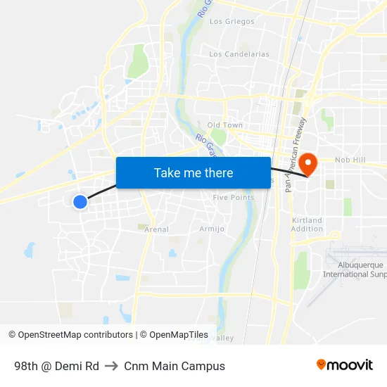 98th @ Demi Rd to Cnm Main Campus map