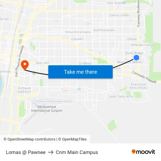 Lomas @ Pawnee to Cnm Main Campus map