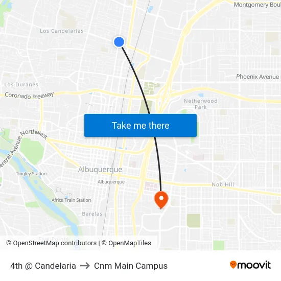 4th @ Candelaria to Cnm Main Campus map