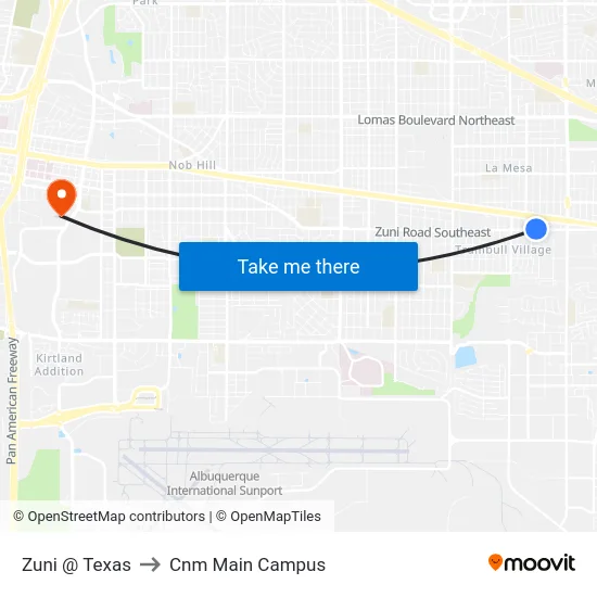 Zuni @ Texas to Cnm Main Campus map