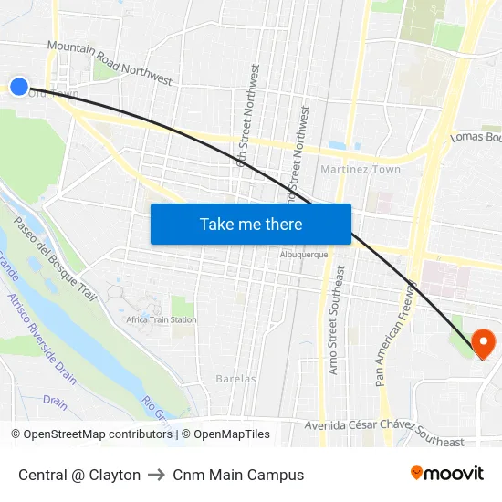 Central @ Clayton to Cnm Main Campus map