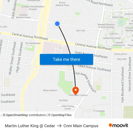 Martin Luther King @ Cedar to Cnm Main Campus map