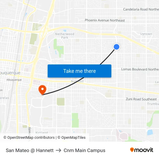 San Mateo @ Hannett to Cnm Main Campus map