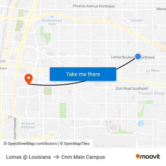 Lomas @ Louisiana to Cnm Main Campus map