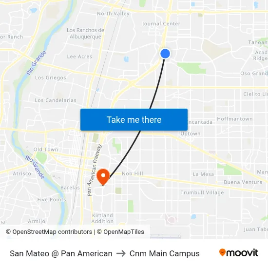 San Mateo @ Pan American to Cnm Main Campus map