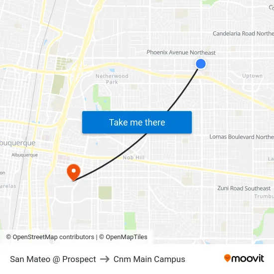 San Mateo @ Prospect to Cnm Main Campus map