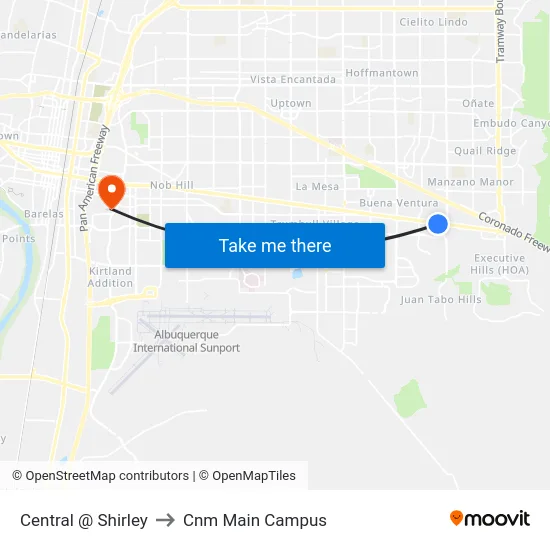 Central @ Shirley to Cnm Main Campus map