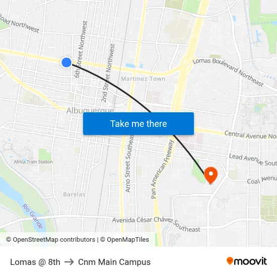 Lomas @ 8th to Cnm Main Campus map