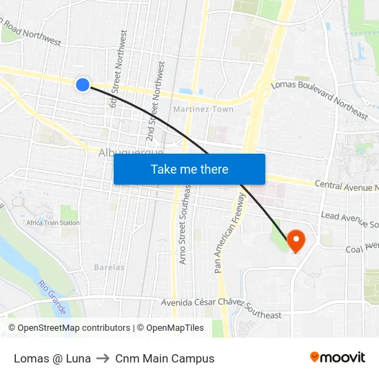 Lomas @ Luna to Cnm Main Campus map