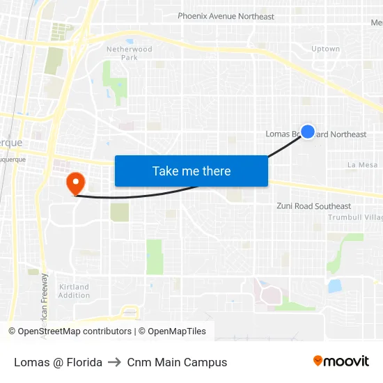 Lomas @ Florida to Cnm Main Campus map