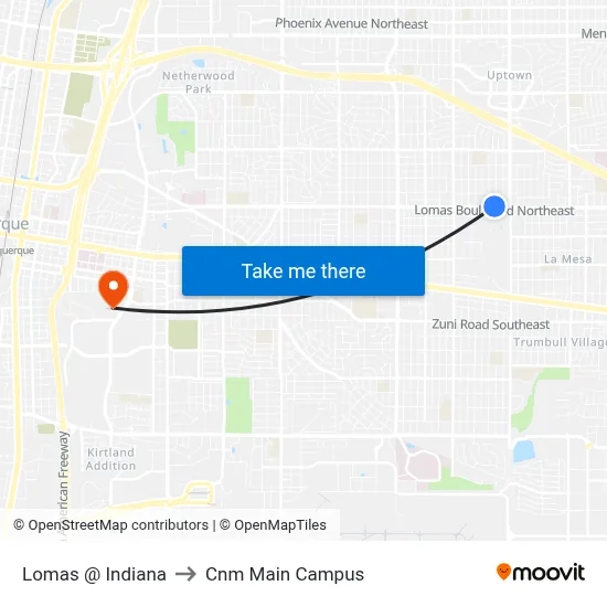 Lomas @ Indiana to Cnm Main Campus map