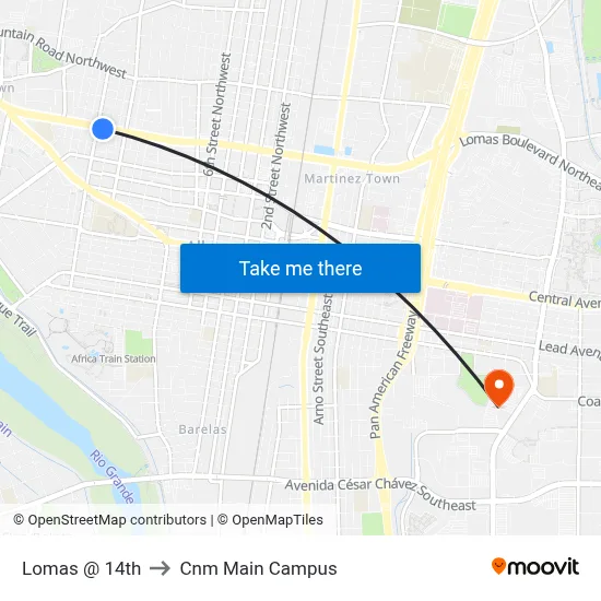 Lomas @ 14th to Cnm Main Campus map
