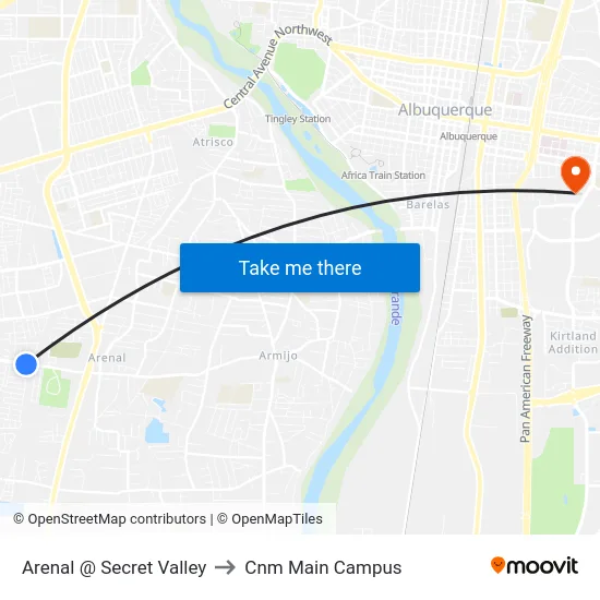 Arenal @ Secret Valley to Cnm Main Campus map