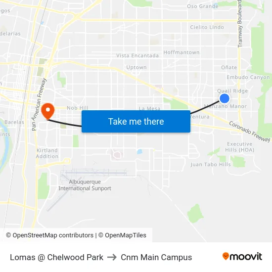 Lomas @ Chelwood Park to Cnm Main Campus map