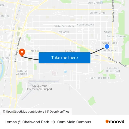 Lomas @ Chelwood Park to Cnm Main Campus map