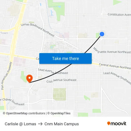 Carlisle @ Lomas to Cnm Main Campus map