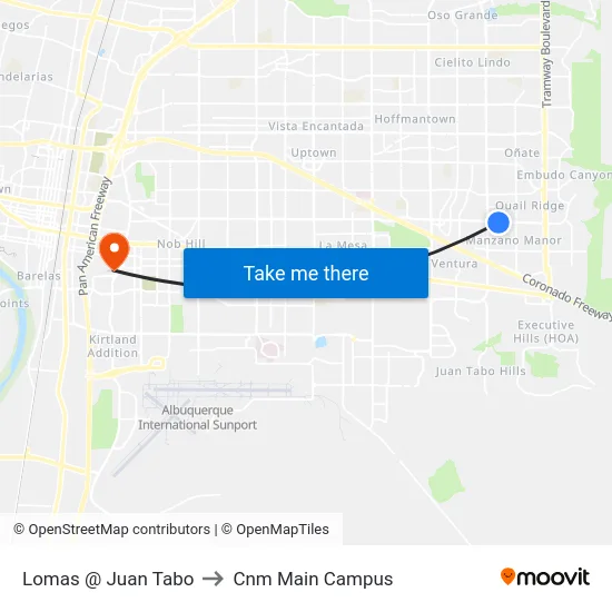 Lomas @ Juan Tabo to Cnm Main Campus map