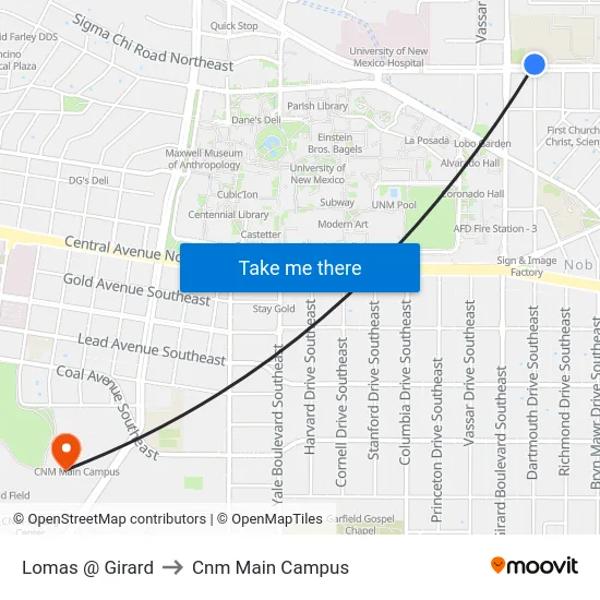 Lomas @ Girard to Cnm Main Campus map