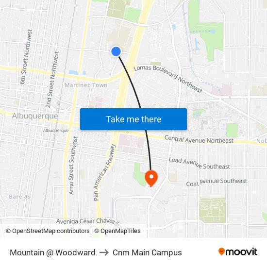 Mountain @ Woodward to Cnm Main Campus map