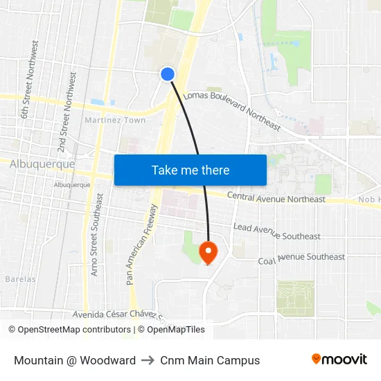 Mountain @ Woodward to Cnm Main Campus map