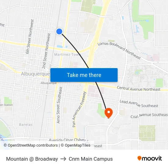 Mountain @ Broadway to Cnm Main Campus map