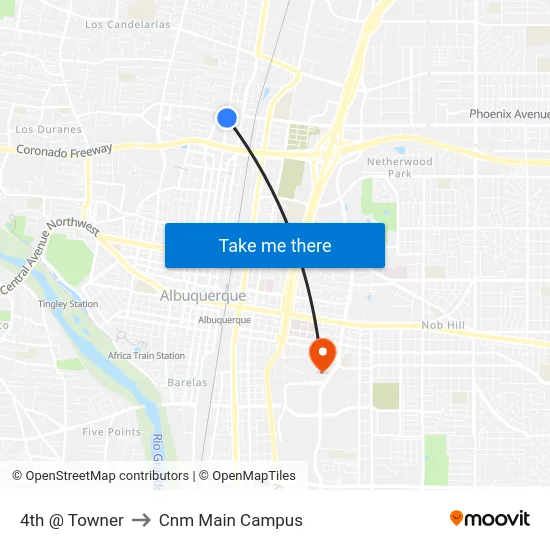 4th @ Towner to Cnm Main Campus map