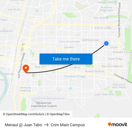 Menaul @ Juan Tabo to Cnm Main Campus map