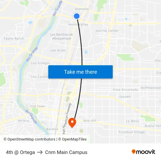 4th @ Ortega to Cnm Main Campus map