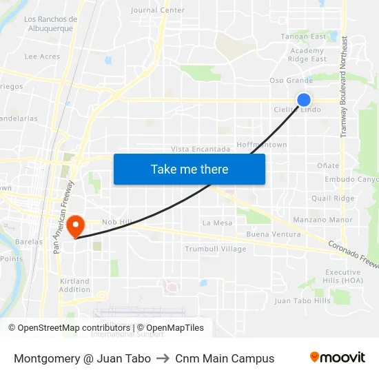 Montgomery @ Juan Tabo to Cnm Main Campus map