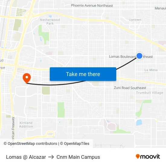 Lomas @ Alcazar to Cnm Main Campus map