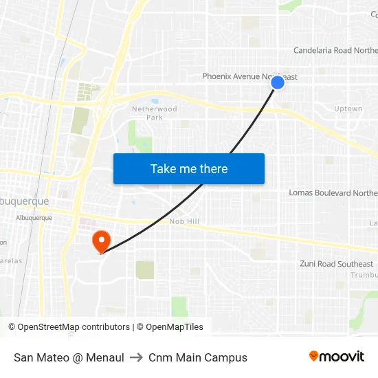 San Mateo @ Menaul to Cnm Main Campus map