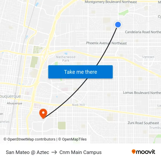 San Mateo @ Aztec to Cnm Main Campus map
