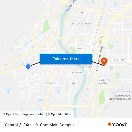 Central @ 94th to Cnm Main Campus map
