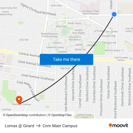 Lomas @ Girard to Cnm Main Campus map