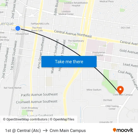 1st @ Central (Atc) to Cnm Main Campus map