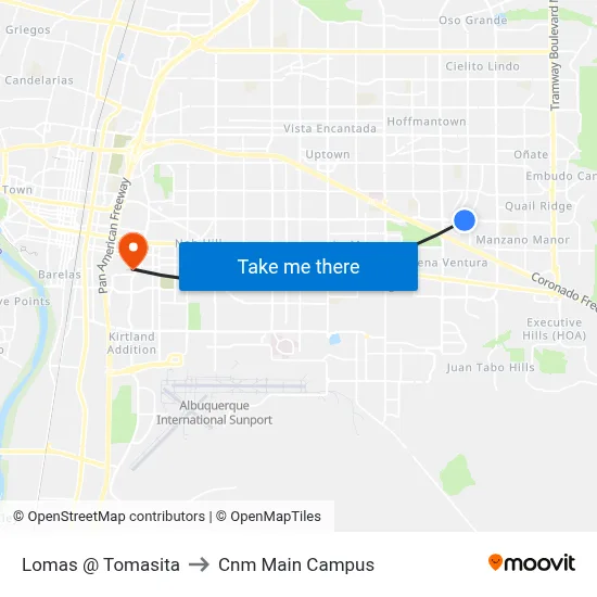 Lomas @ Tomasita to Cnm Main Campus map