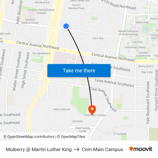 Mulberry @ Martin Luther King to Cnm Main Campus map