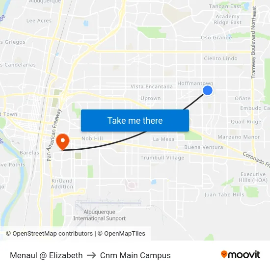 Menaul @ Elizabeth to Cnm Main Campus map