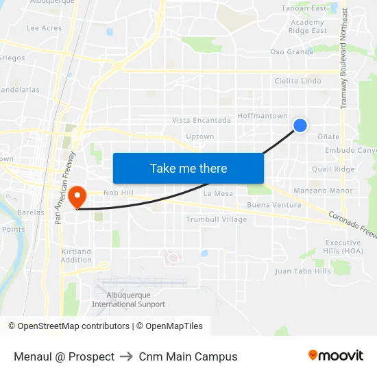 Menaul @ Prospect to Cnm Main Campus map