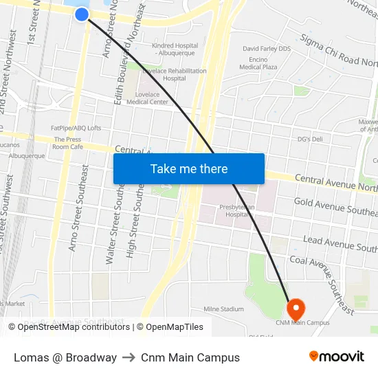 Lomas @ Broadway to Cnm Main Campus map
