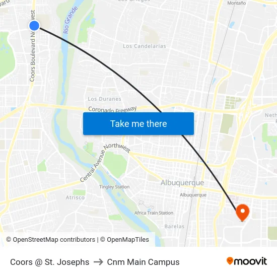 Coors @ St. Josephs to Cnm Main Campus map