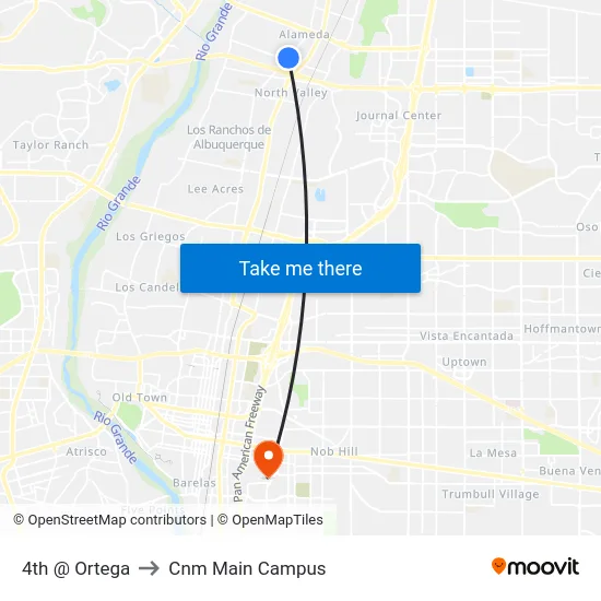 4th @ Ortega to Cnm Main Campus map