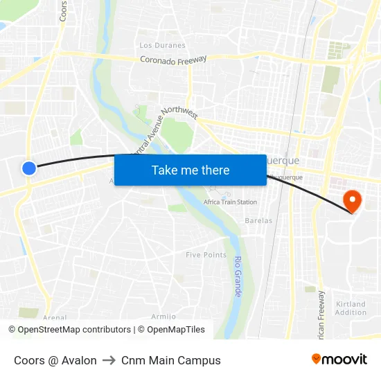 Coors @ Avalon to Cnm Main Campus map