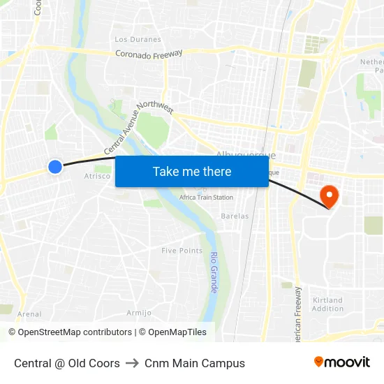Central @ Old Coors to Cnm Main Campus map